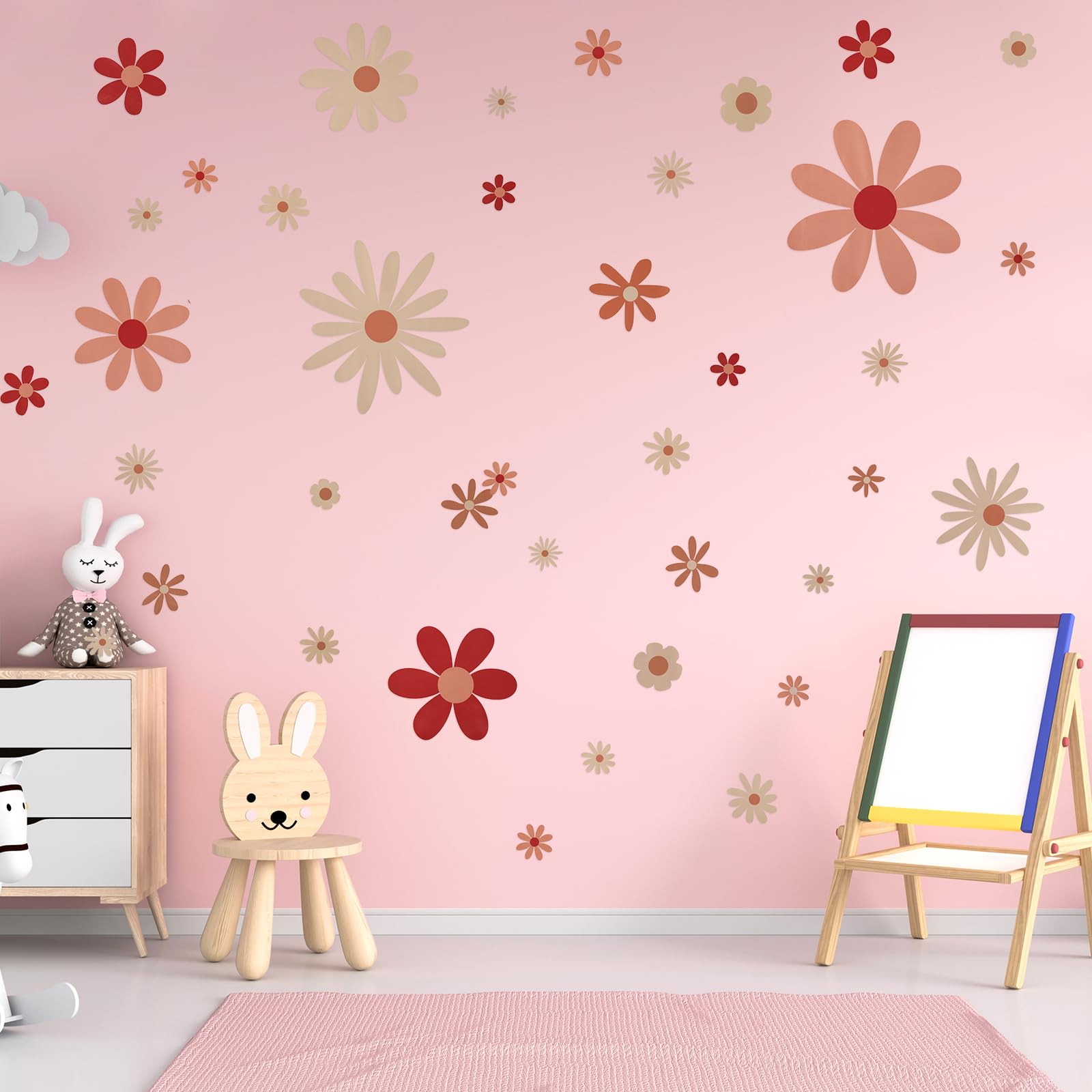 COMNICO 40pcs Daisy Wall Decals Boho Cute Vinyl Wall Decor Peel and Stick Floral Stickers for Girls Kids Nursery Bedroom Playroom Classroom Living Room Wall Art (4 Sheets, Classic)