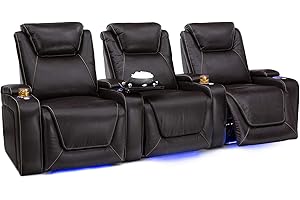 Seatcraft Pantheon - Big & Tall - Home Theater Seating - Living Room - 400 lbs Capacity - Italian Leather - Power Recline - Powered Headrest and Lumbar - Cupholders - Arm Storage, Row of 3, Brown