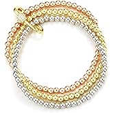 COOLSTEELANDBEYOND Women Tri-Tone Beads Bracelet 18K Gold-Plated Silver 18K Rose-Gold-Plated, Three-Strand with Cubic Zirconia Toggle Clasp