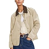 HangNiFang Women's Oversized Cotton Jacket Button Down Contrast Collar Barn Jacket Casual Loose Coat with Pockets(2000-Khaki-L)