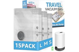 WFIIA Vacuum Bags for Travel with Rechargeable Pump, 3 Sizes Vacuum Seal Bags for Clothing, Compression Vacuum Travel Bags for Luggage, Vacuum Packing Bags for Closet Organization (15 Combo Travel Size)