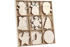 Wohohoho 45Pcs Unfinished Paintable Blank Wooden Christmas Ornaments with Tray, 9 Designs DIY Predrilled Wood Ornaments for Crafts. Christmas Tree Hanging Decorations Xmas Art Birthday Gift for Kids