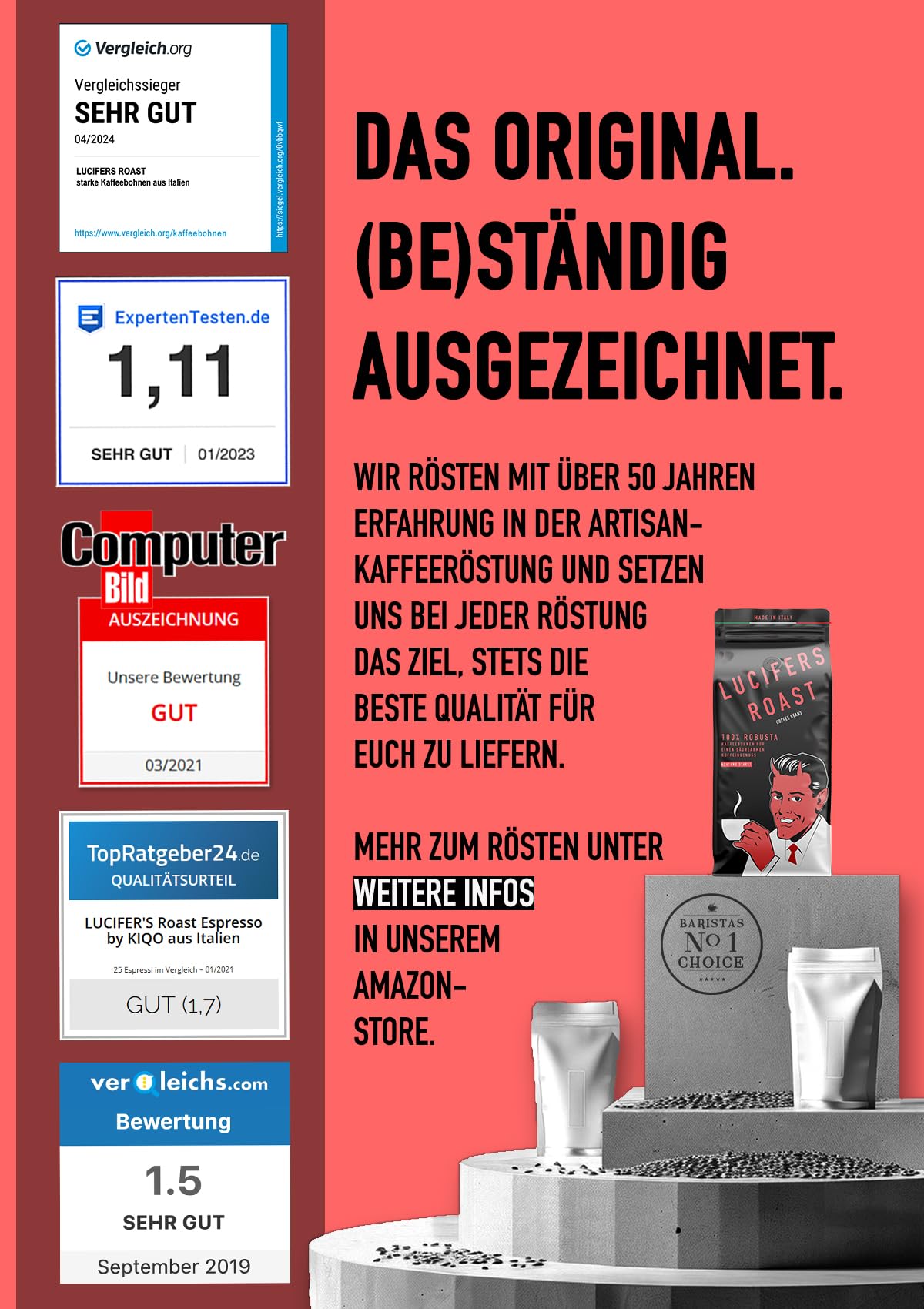 LUCIFERS ROAST 1kg Kaffeebohnen aus Italien - sehr starker Espresso dark roast - säurearm - für Kaffeevollautomaten oder Siebträger - 100% Robusta (ganze Bohnen, 1kg) 4