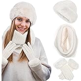 Women Winter Warm Set White Furry Bucket Hat Knitted Scarf Touchscreen Gloves Fluffy Warm Winter Gifts for Women(White)