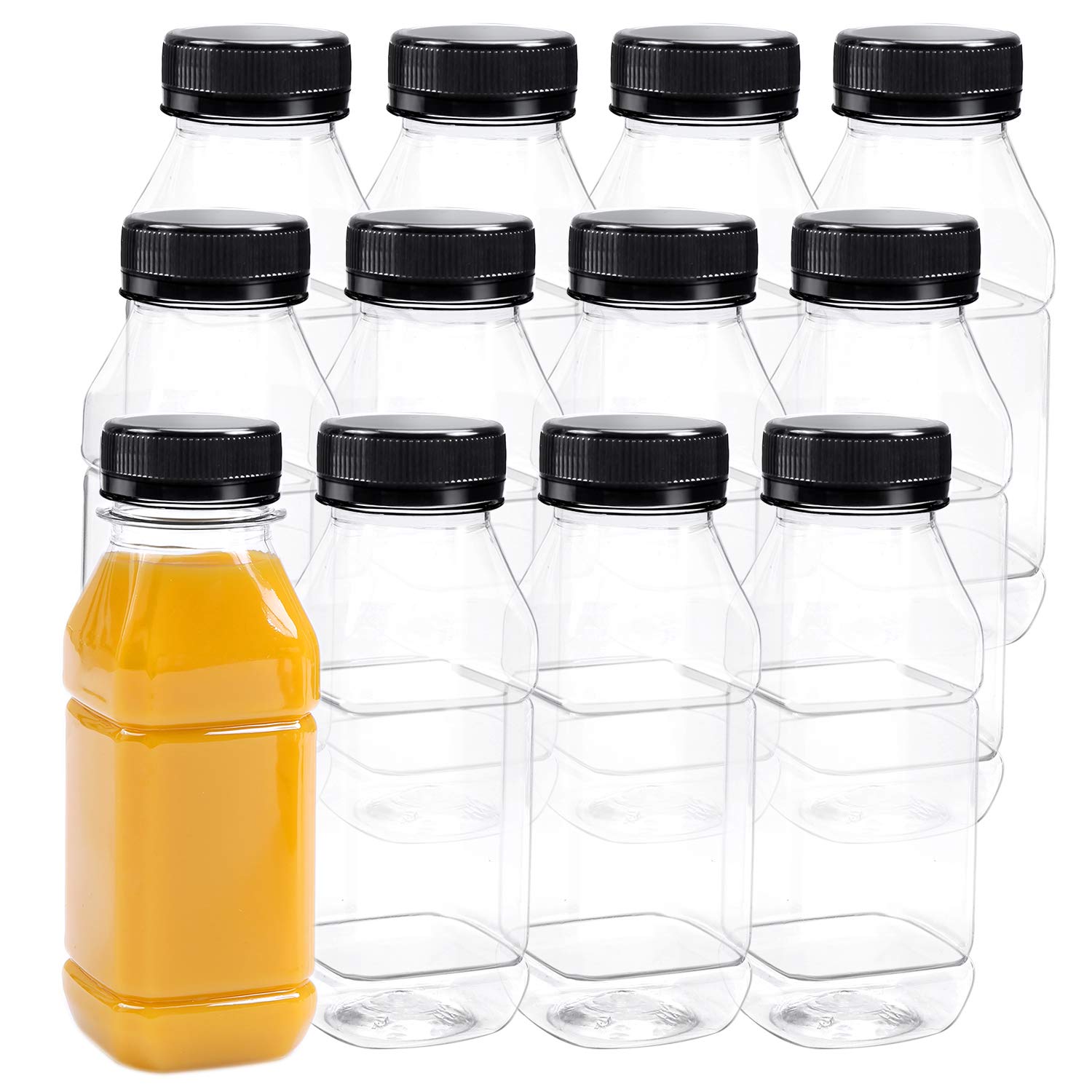 Aneco 12 Pack 8 Oz Empty Plastic Juice Bottles Reusable Square Drink Containers with Lids for Storing Homemade Beverages (Black lid)