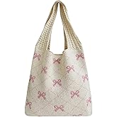 TEBIEKOY Crochet Tote Bag for Women, Bow Aesthetic Knitted Boho Shoulder Handbag, Cute Travel Tote