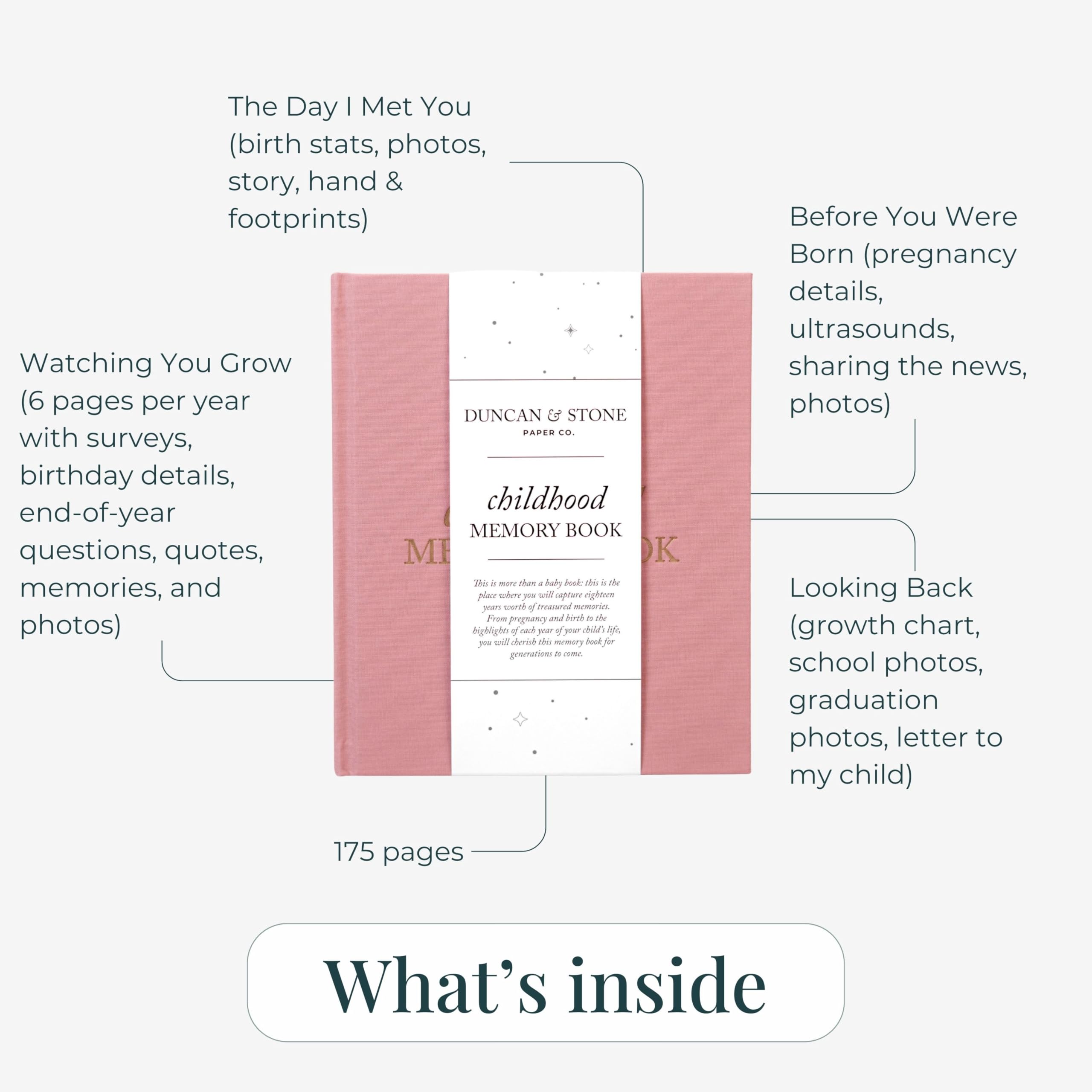 Childhood Memory Book - Elegant Child Memory Book from Pregnancy to Age 18 W/Prompts, Space for Photos & More - Baby Journal (175 Pages, Dusty Rose)