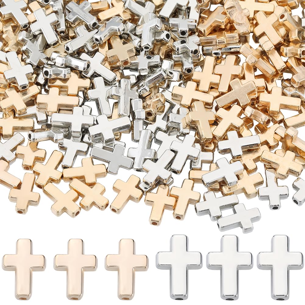 SOFPLATE 1 Box 400Pcs Gold Cross Beads Silver Crosses Spacer Bead Bulk Plastic Crucifix Big Hole Holy Easter Mini Loose Charms Beads for jewellery Making Beading Pendants Necklaces Earrings DIY Crafts