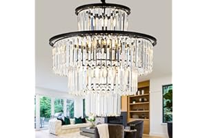 lighceac 23" 14-Light Modern Crystal Chandelier Light Fixtures 4-Tier Black Luxury Chandeliers for Dining Room Round Hanging Pendant Lighting for Living Room Kitchen Entryway Bedroom Foyer Hallway