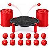Tabletop Bounce Ball Game, Mini Trampoline Toss Set for Game Night | Portable Screen-Free Fun Competitive Skill Toy for Kids, Teens &amp; Adults, 12 Foam Balls, 2 Foldable Buckets and Carry Bag