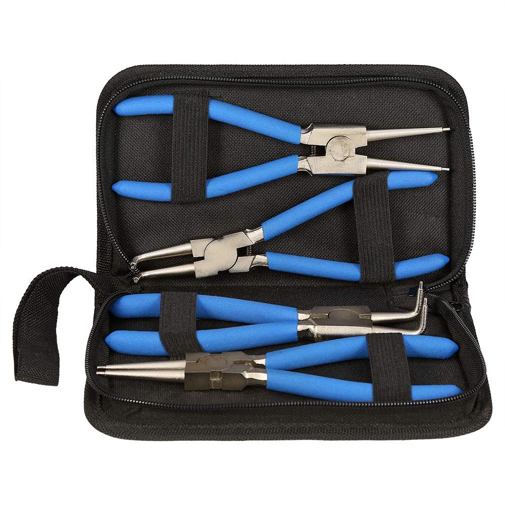 Snap Ring Pliers Set, 4-Piece Circlip Pliers Set with Non-Slip Handles Curved Pliers Straight Pliers with Storage Pouch for External and Internal Circlips 175 mm