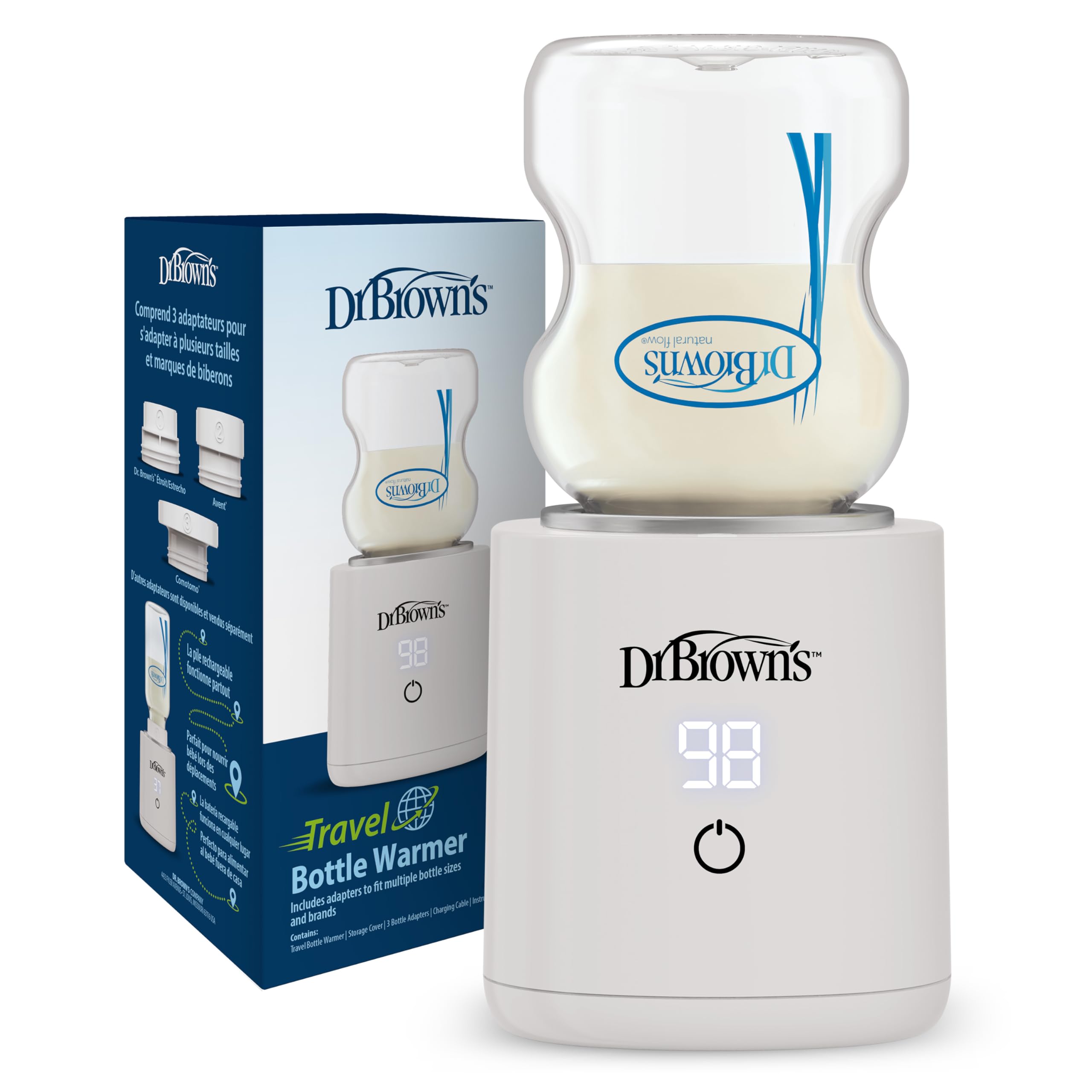 Photo 1 of Dr. Brown's Travel Baby Bottle Warmer, Quickly Warms Breast Milk and Water for Formula On-The-Go, Portable, Rechargeable, Cordless with 3 Bottle Adapters