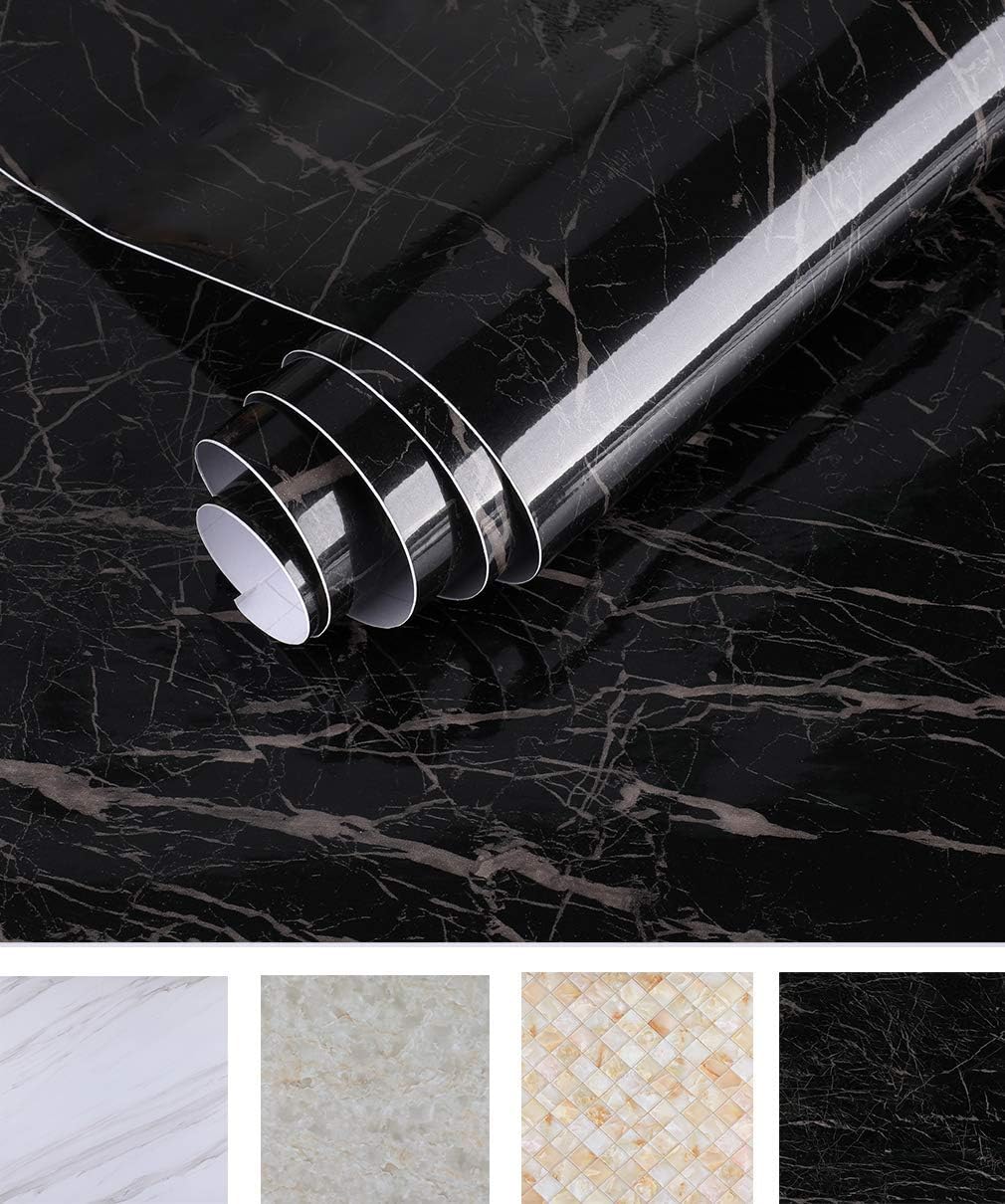 Oxdigi Marble Contact Paper 24 x 196 inches Self Adhesive Peel & Stick Wallpaper for Kitchen Countertop Cabinet Furniture Waterproof PVC Removable Black
