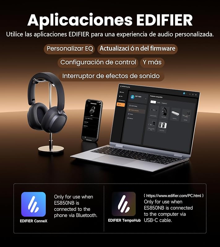 ES850NB auscultadores sem fios com cancelamento de ruído, LDAC, áudio de alta resolução, Bluetooth 5.4, multiponto, controlo tátil, até 92 horas de reprodução - castanho