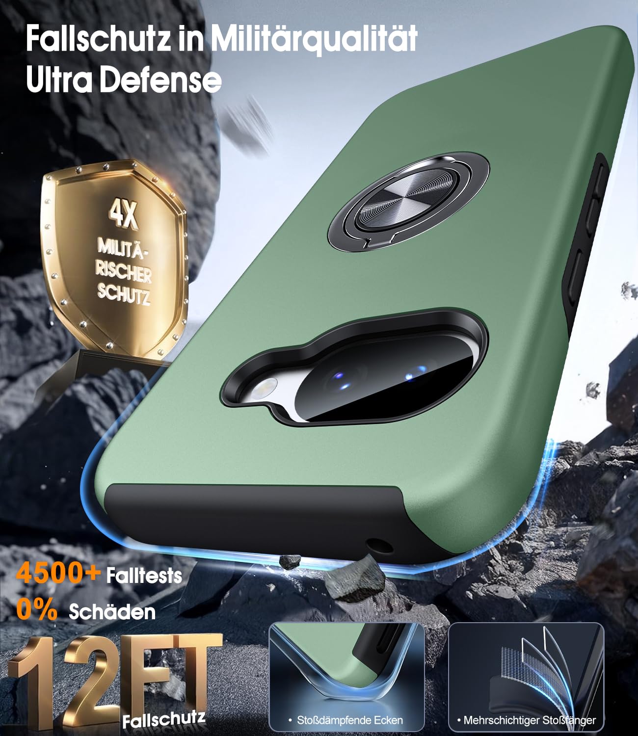 AOUIA Handyhülle für Google Pixel 10a Hülle mit 2 Stück Schutzfolie, Militärischer Schutz Stoßfest Pixel 10a Hülle mit 360° Drehbarem Ring Kickstand, Alpengrün 6