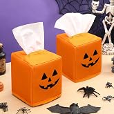 Reallnaive 2 Pcs Halloween Ghost Pumpkin Tissue Box Cover Square | Polyester Cotton, Decorative Fall Tissue Box Holder, Funny Cube Case Cover, Holiday Bathroom Bedroom Office Home Decor