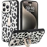 Ufbara Compatible with iPhone 15 Pro Case for Women Girls, Cute Cheetah Leopard Pattern, Built in Adjustable Wrist Strap Grip Hand Holder Stand Shockproof Kickstand Cover (Black White)