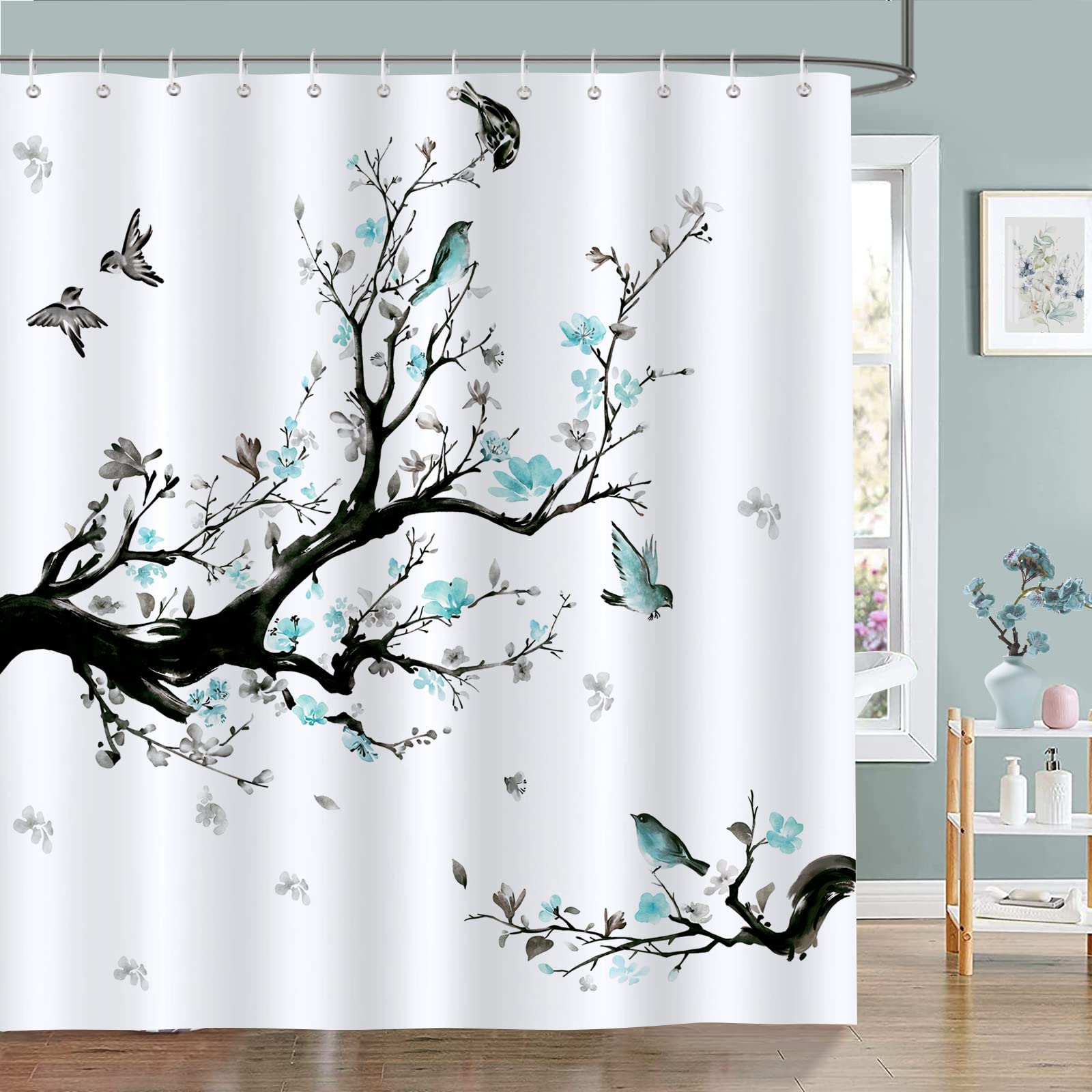 Bonhause Watercolor Blue Flower Shower Curtain Blossom Bird Tree Branch Bathroom Curtain 180 x 180 cm Waterproof Mildew & Mould Resistant Polyester Fabric Bath Curtain with 12 Hooks
