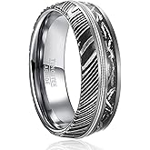 NUNCAD Damascus Steel Ring for Men Blue Grooved/Crushed Opal Inlay 4mm 8mm Wedding Band Comfort Fit Size 6-12