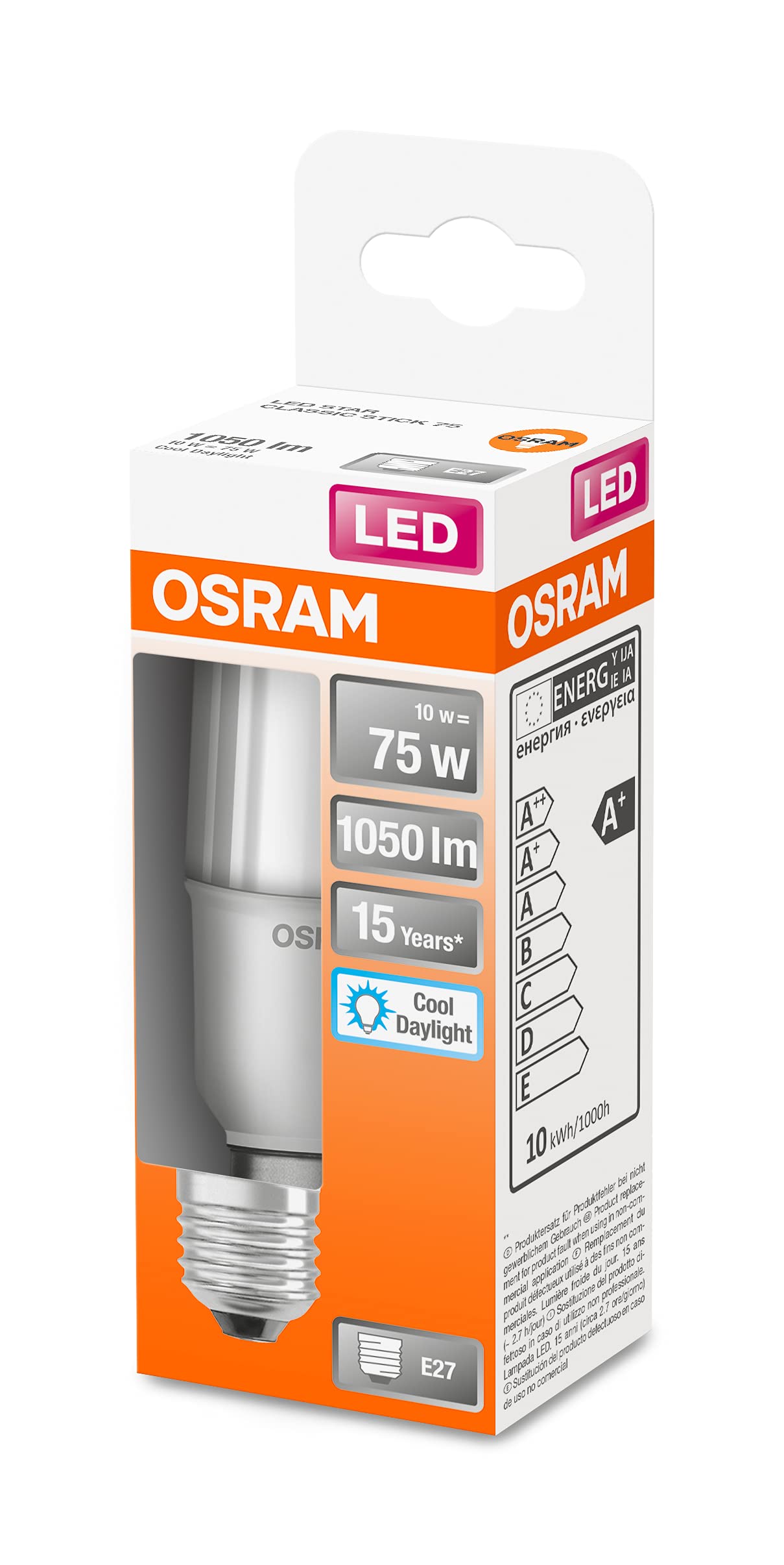 OSRAM LED Star Classic Stick, Frosted LED lamp in Stick Shape for E27 Base, Daylight White (6500K), 1050 Lumen, Replacement for Conventional 75W Bulbs, Pack of 4
