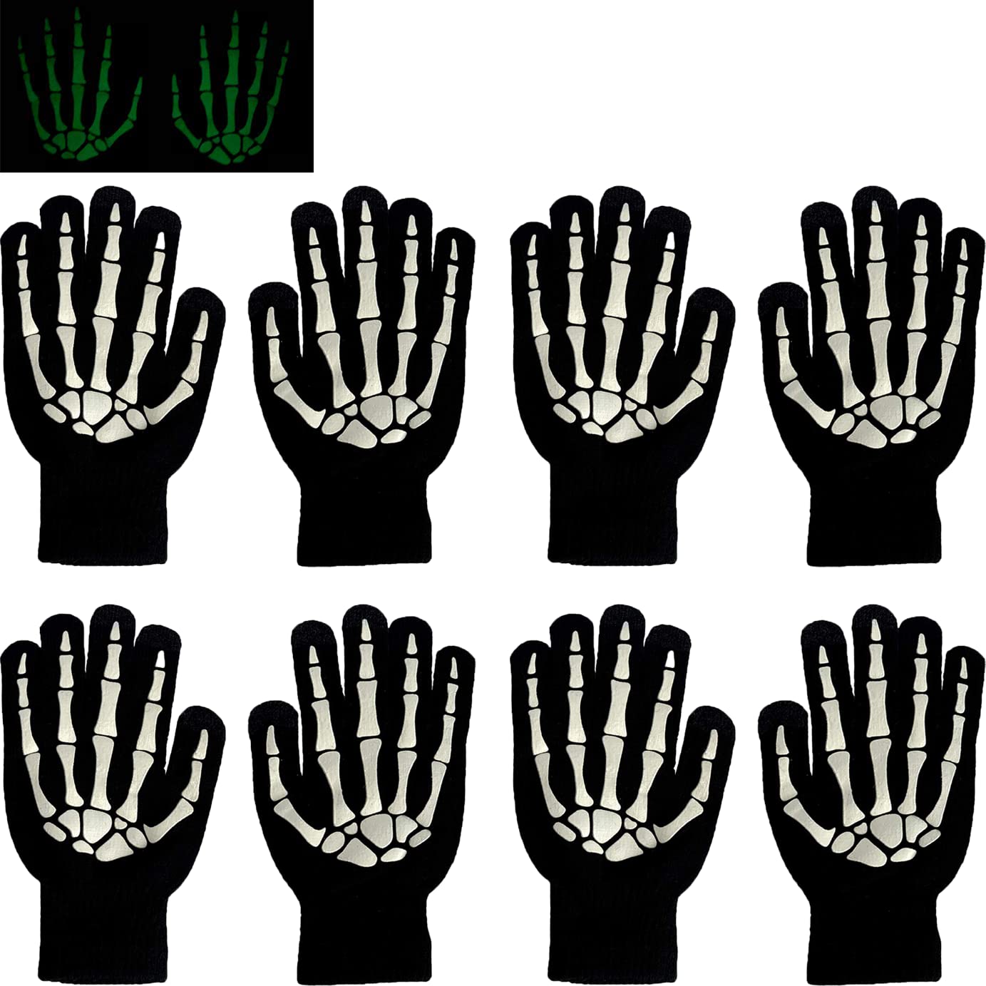 BEISIJIA 4 Pairs Adults Kids Skeleton Bone Gloves Glow in The Dark Full Finger Gloves for Halloween（S）