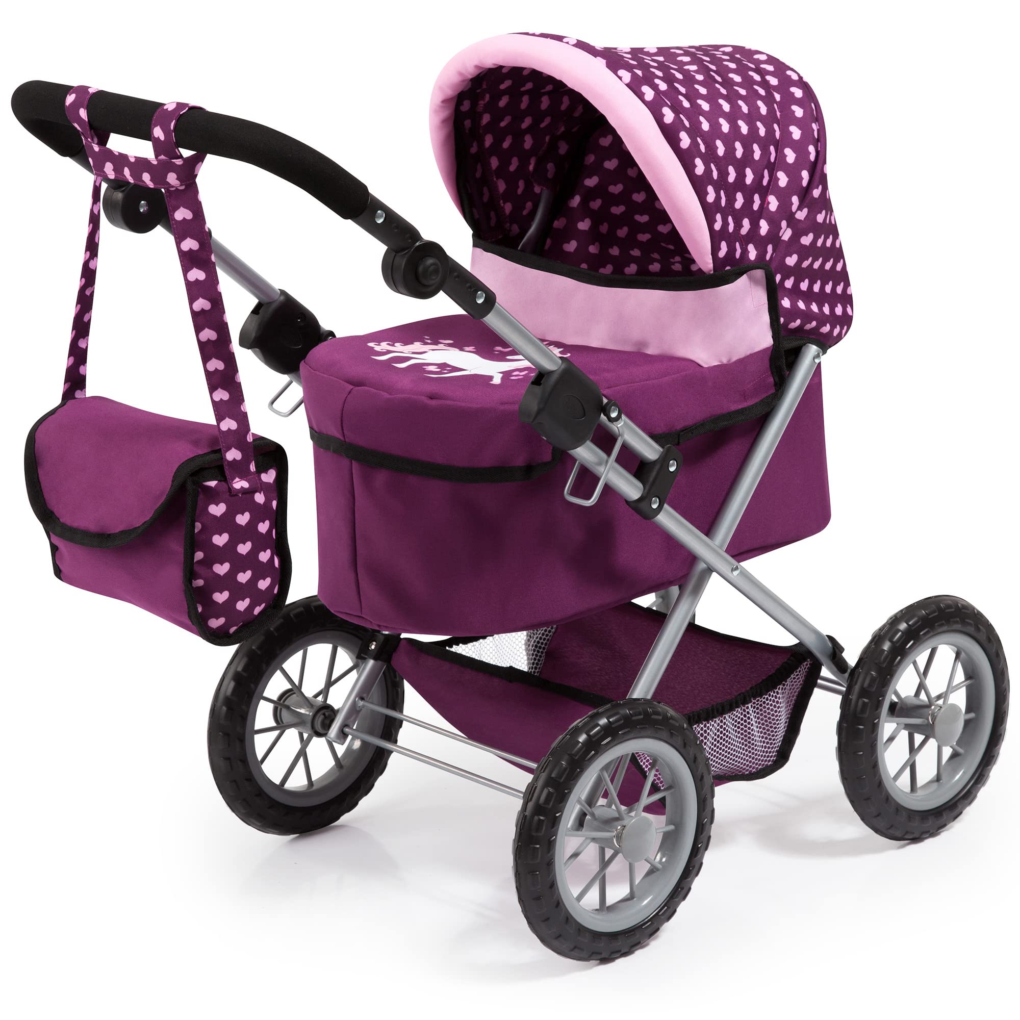 Bayer Design 13037AA Dolls pram stroller Trendy, height-adjustable handle, foldable, big wheels, bag, integrated basket - for girls and boys, 3+ age