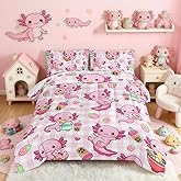 HOSIMA Axolotl Comforter Set Queen Size for Kids Girls,Pink Cartoon Axolotl Eat Dessert Printing Bedding Set Queen Size for Princess Bedroom Decor with Two Pillowcases.