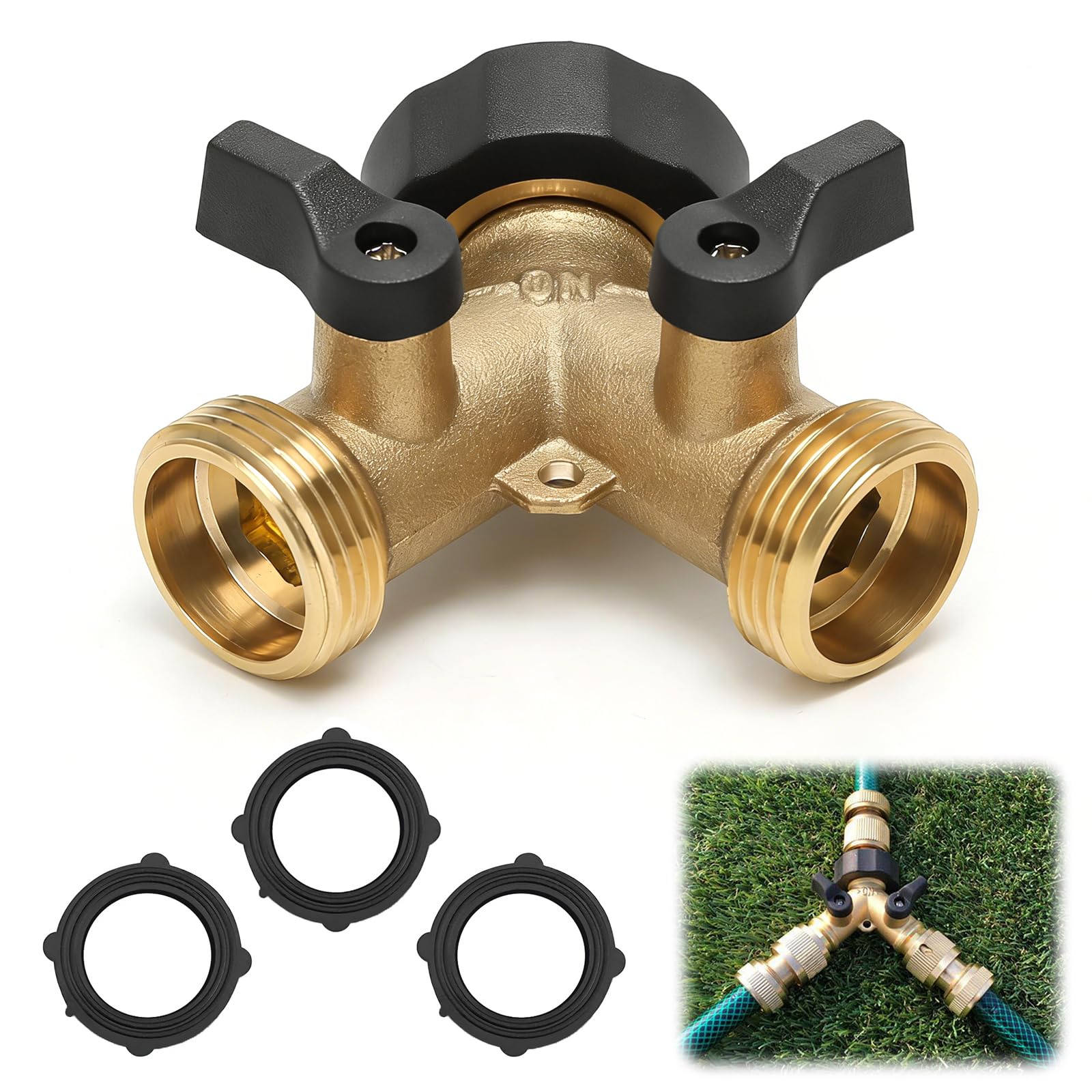 Hose Tap Splitter 2 Way Y Shape 3/4 European Standard Thread, with Individual On/Off Valves Brass, Hose Male Connectors Manifold Adapter for Washing Machine Dishwasher, Kitchen, Outdoor, Garden, Lawn