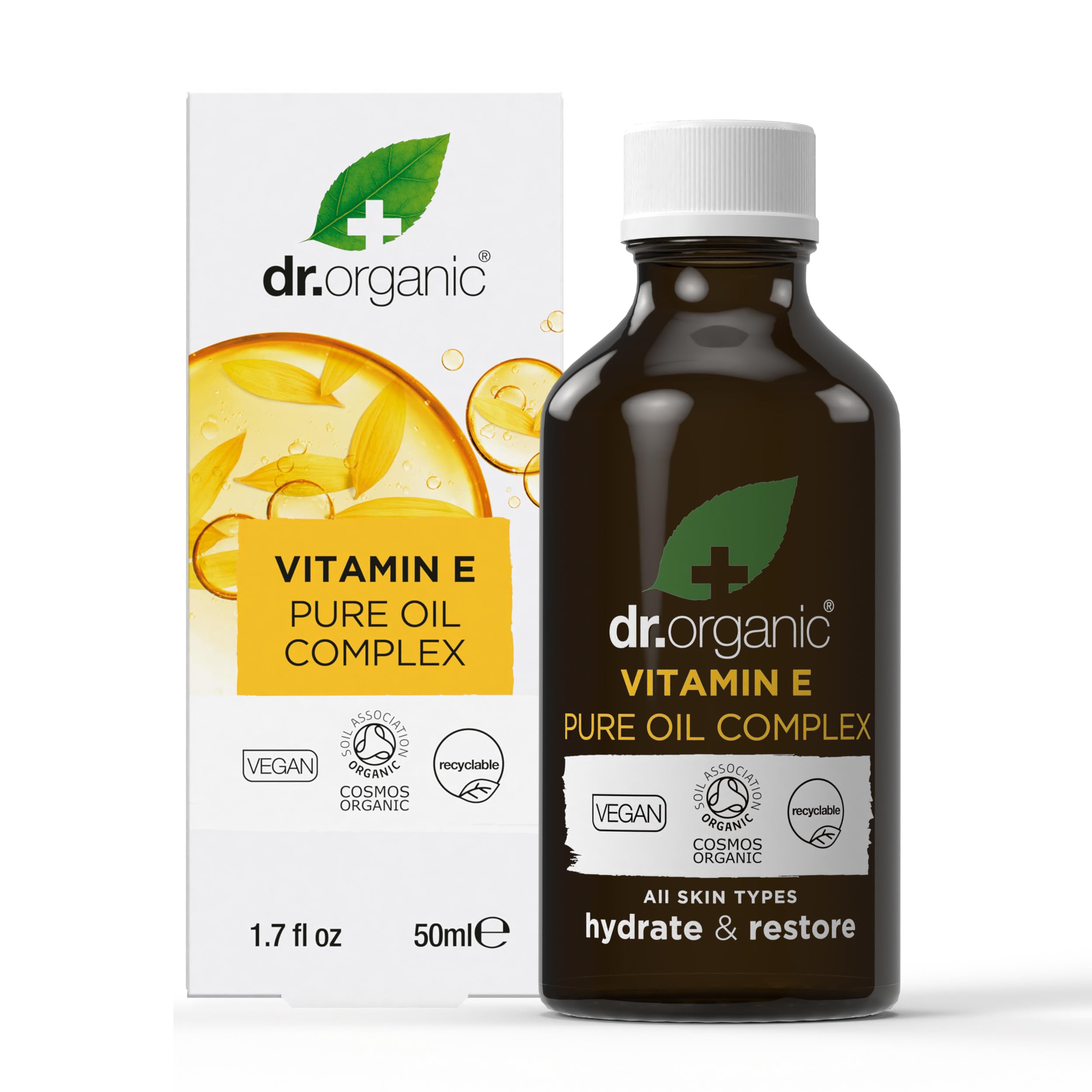Dr Organic Vitamin E Pure Oil, Hydrating, Essential Oil, All Skin Types, Natural, Vegan, Cruelty-Free, Paraben & SLS-Free, Certified Organic, 50ml, Packaging may vary — image 1