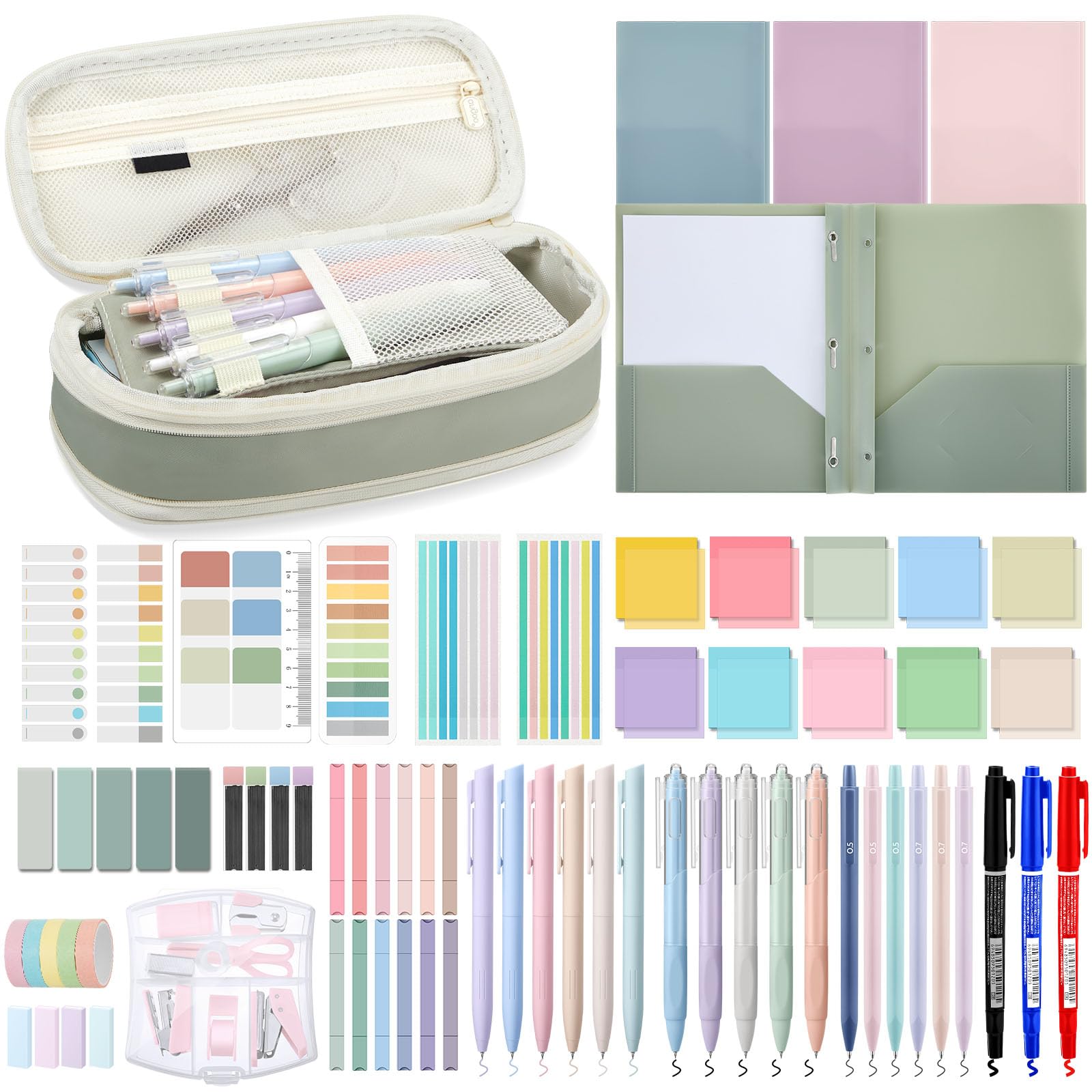 Photo 1 of Sinload 72 Pcs Aesthetic School Supplies with Pencil Case 4 Prong Folders 12 Highlighters 20 Mechanical Pencil Pen 500 Sheets Transparent Sticky Note Tabs Stationery for College Office(Green)