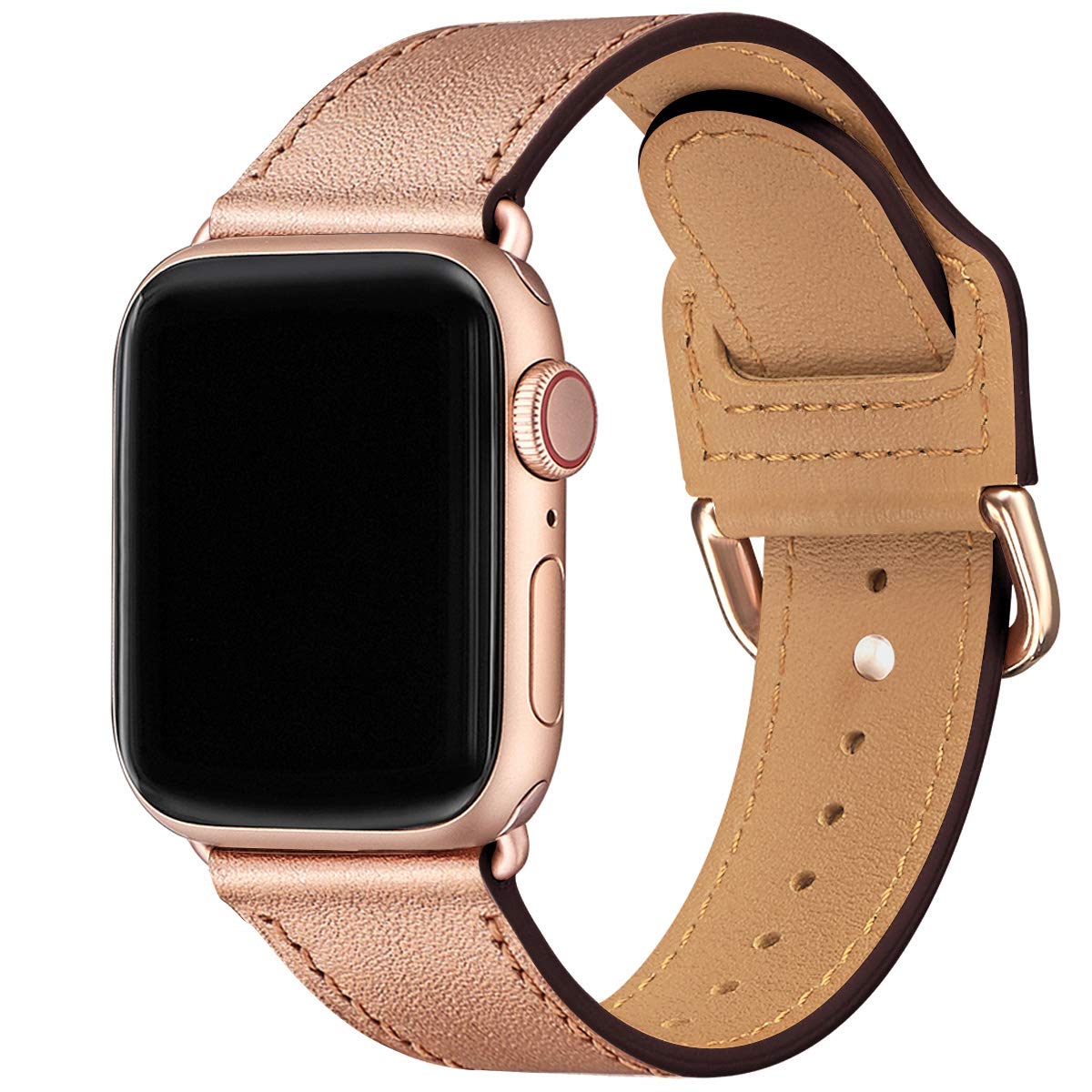 SUNFWR Strap Compatible with Apple Watch 38mm 40mm 41mm, Thin Genuine Leather Replacement starp, Multiple Colour Bands for iwatch Series 7/6/5/4/3/2/1,SE,Women Men(38mm 40mm 41mm,Rose Gold/Rosegold)