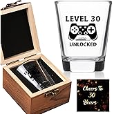 Ithmahco 30th Birthday Gifts for Him Her – LEVEL 30 UNLOCKED Shot Glass with Wooden Box – Cheers To 30 Years Old, Cool 30th Birthday Party Decoration – Turning 30 Bday Gift for Men, Brother, Friend