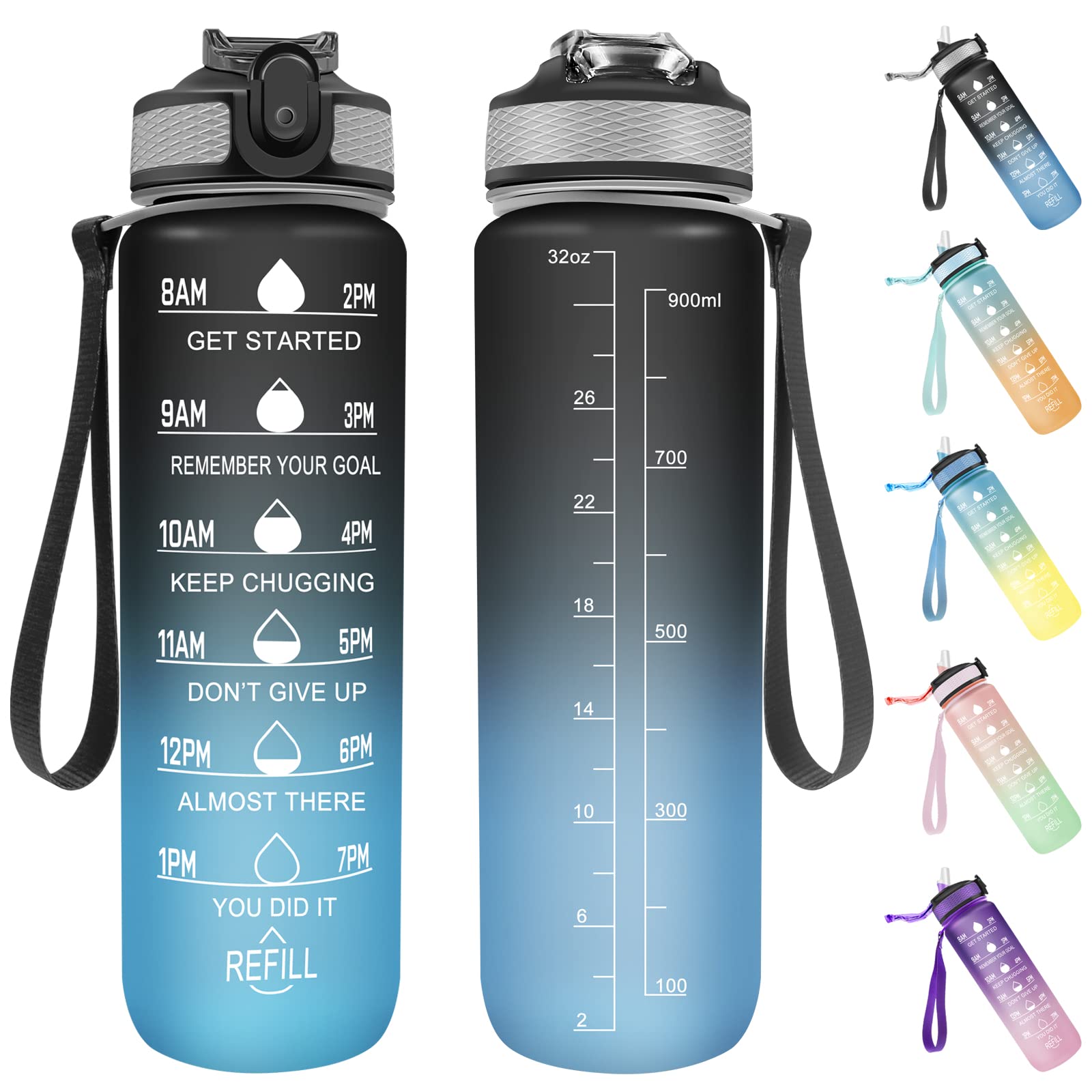 Invool Sports Water Bottle, 1 Litre Water Bottle with Straw & Time Markings, BPA Free, Leakproof & Secure Locking Lid, Tritan Plastic Drink Bottle for School/Cycling/Camping/Running