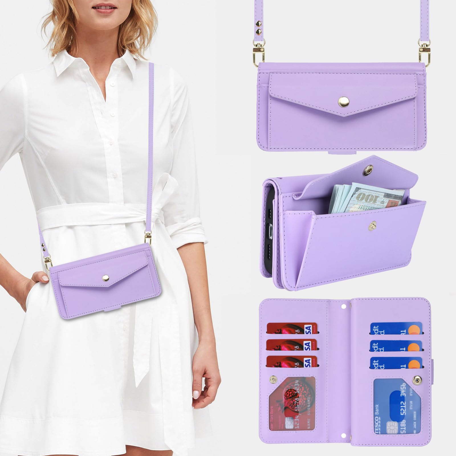 Zouzt for iPhone 11 Wallet Case for Women, Purse with Credit Card Holder Slots Crossbody Lanyard Strap Flip Folio Book Shockproof Protective Cover for Apple iPhone 11 6.1 Inch (Purple)