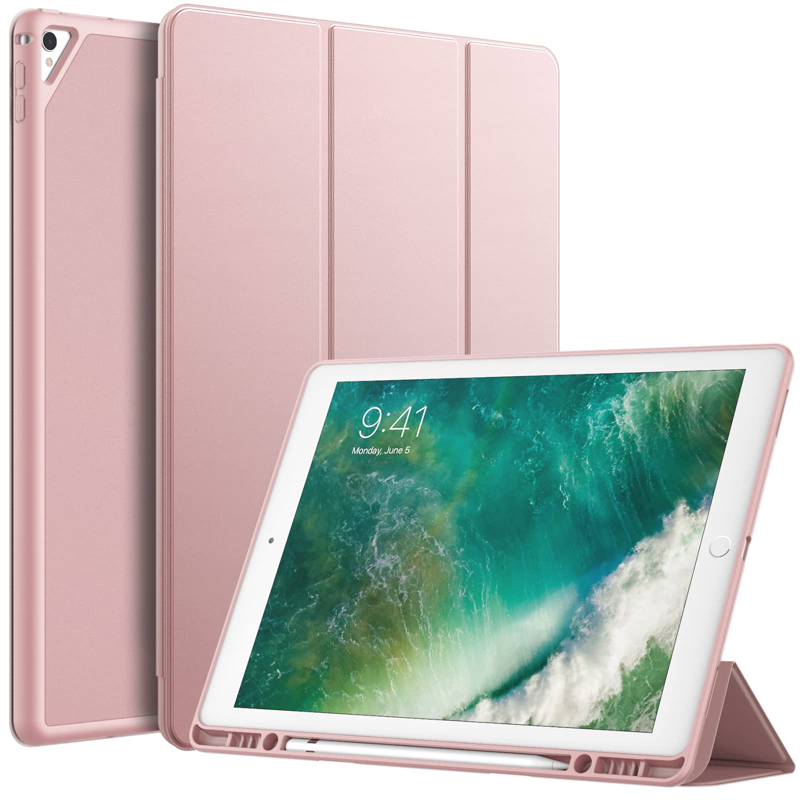 JETech Case for iPad Pro 12.9 Inch (2015/2017 Model, 1st/2nd Generation) with Pencil Holder, Slim Tablet Cover with Soft TPU Back, Auto Wake/Sleep (Rose Gold)