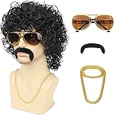 TUOFLY Mens 70s 80s Disco Black Curly Wig 5pcs Set (Wig+ Glasses+ Necklace+ Mustache+ Cap) for Rocker Halloween Costume Cosplay