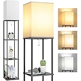FOLKSMATE Floor Lamp with Shelves, 3-Tier Modern Square Bookshelf Floor Lamp, 3 Color Temperature Bulb Included, Black Floor 