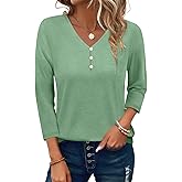 PGANDS Women's 3/4 Sleeve V Neck T Shirts Casual Lightweight Button Tops