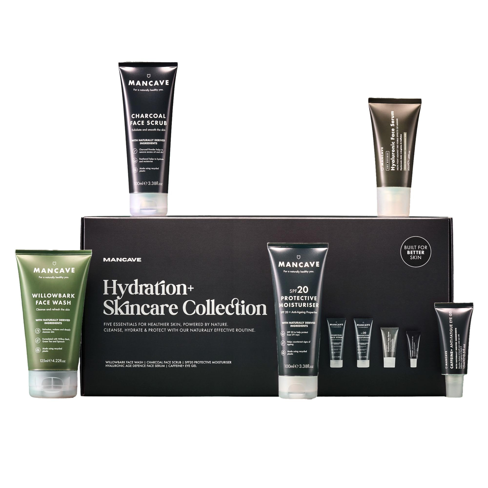 ManCave Hydration+ Skincare Collection Gift Set, SPF 20 Protective Moisturiser, Face Wash, Face Scrub, Hyaluronic Face Serum, Anti-Fatigue Eye Gel, Dermatologically Tested, Vegan, Packaging May Vary