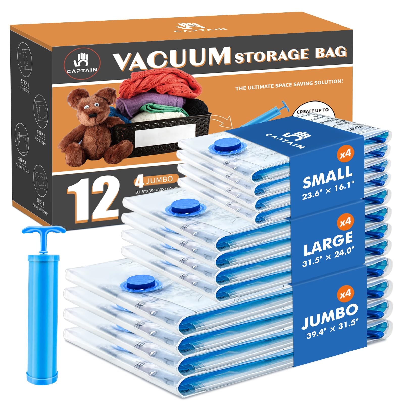CaptainFive Vacuum Storage Bags 12 Combo (4 Jumbo + 4 Large + 4 Small + Hand Pump), Space Saver Sealer Compression Bags with Full Protection for Clothes, Pillows, Duvets, Bedding, Blankets — image 1