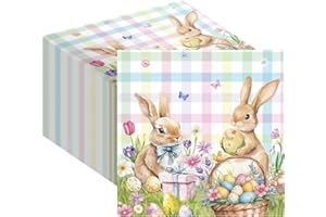 80Pcs Easter Bunny Paper Napkins Watercolor Design with Bunnies Easter Eggs Tulips Daisies & Butterflies Soft Pastel Checkere