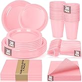 CLIYTICA Pink Plastic Plates for Party,30 Guest Disposable Plastic Plates Set 9" Plates,7" Dessert Plate,Napkins,Cups,Forks & Tablecloth for Birthday Wedding Baby Shower,Girlfriends Tea Party