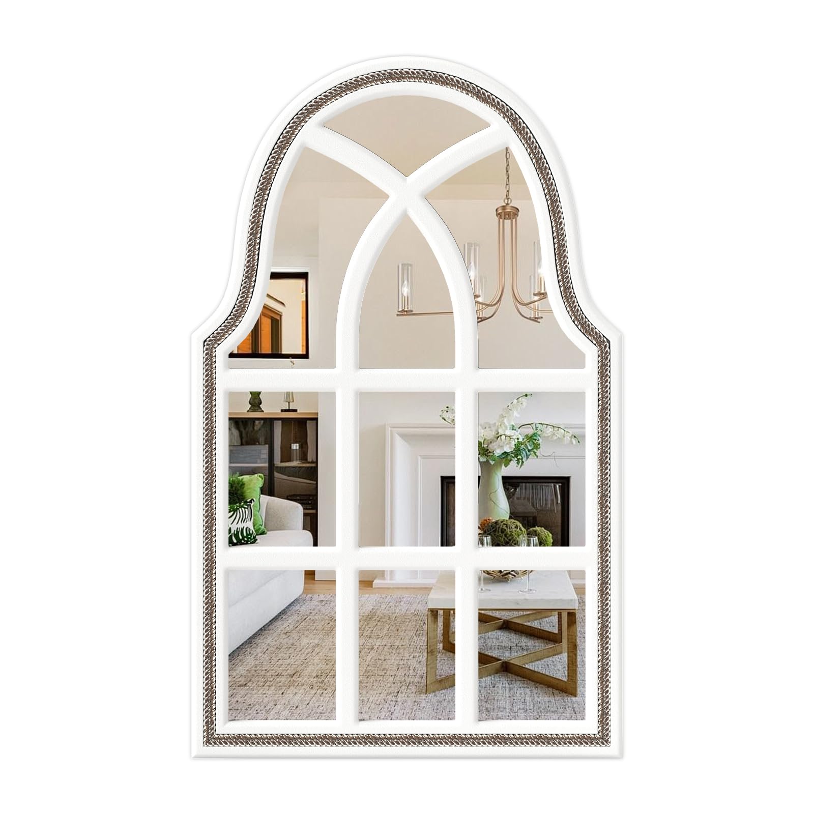 Photo 1 of 36x22 inches Arched Window Wall Mirrors with Grids, White Farmhouse Wooden Arch Mirror for Dresser, Bedroom, Stairways, Entryway and Living Rooms Decorative