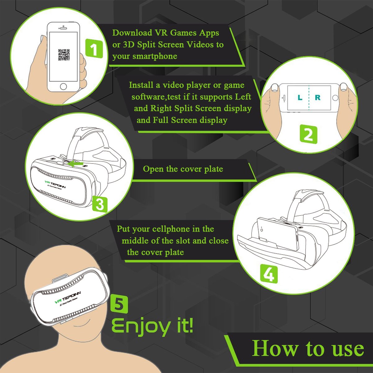 Tepoinn Occhiali Realtà Virtuale,Occhiali Virtuali 3D per spettatori di Realtà virtuale Occhiali per 4,0~5.7 Pollici Smartphones iPhone (37)