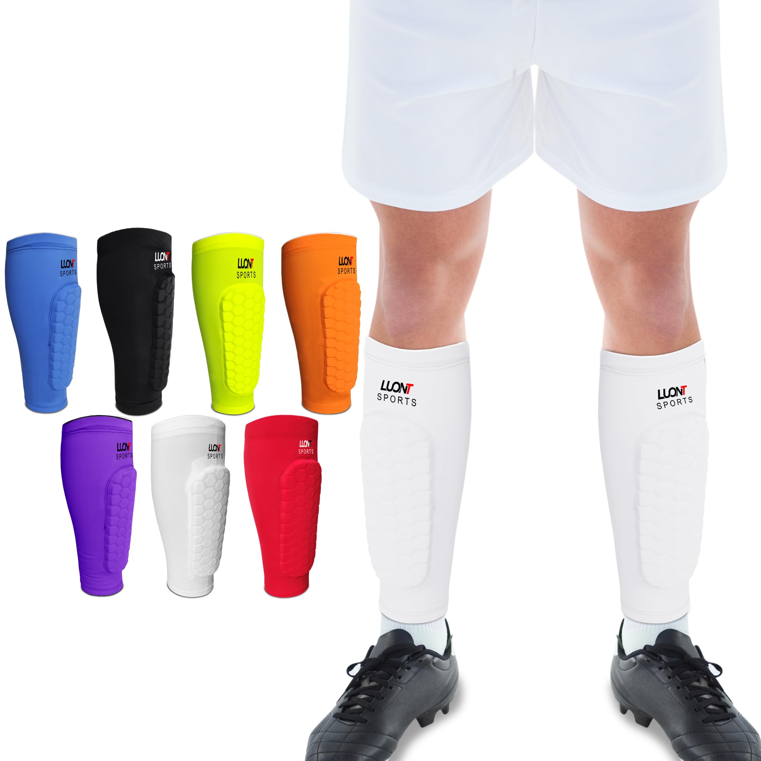 LUONT - Soccer Shin Guards for Men, Women & kids | Protective Football Soccer Pads with Superior Impact Absorption, Breathable, & Lightweight | Football Shin Guards Sleeves (XL, White)