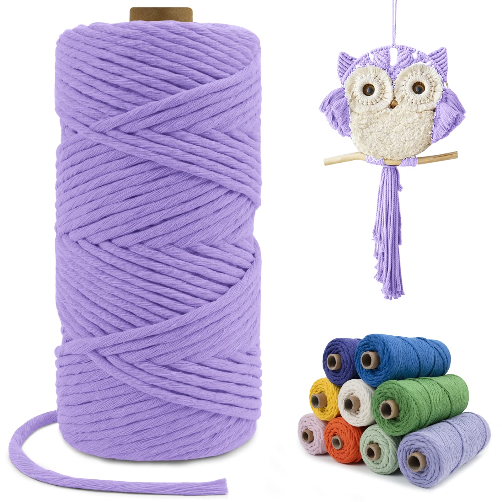 LEREATI Macrame Cord 4mm x 100m, Single Strand Thick Macrame Rope Yarn Natural Cotton Cord, Craft Macrame String for Plant Hanger, Wall Hanging, Knitting, DIY, Home Decorations (Light Purple)