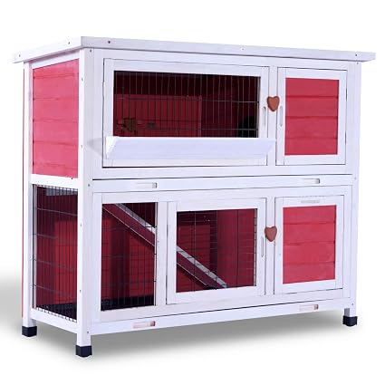 Lovupet 2 Story Outdoor Wooden Rabbit Hutch Chicken Coop Bunny Cage Guinea Pig House With Ladder For Small Animals 0323 Red