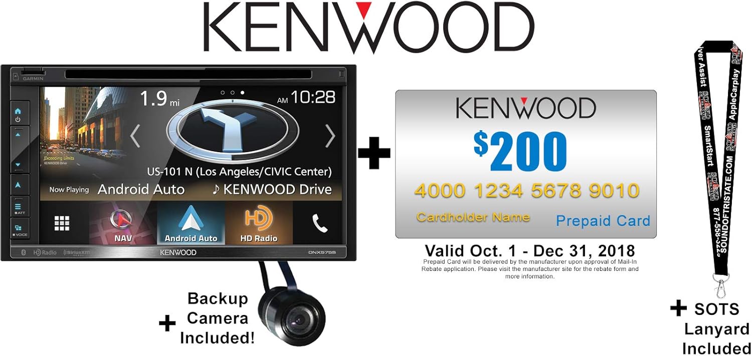 Sound of Tri-State Kenwood DNX575S 6.8” Multimedia Receiver with Garmin Navigation and Apple Carplay and Android Auto with Backup Camera Included and a Sound of Tri-State Lanyard Bundle