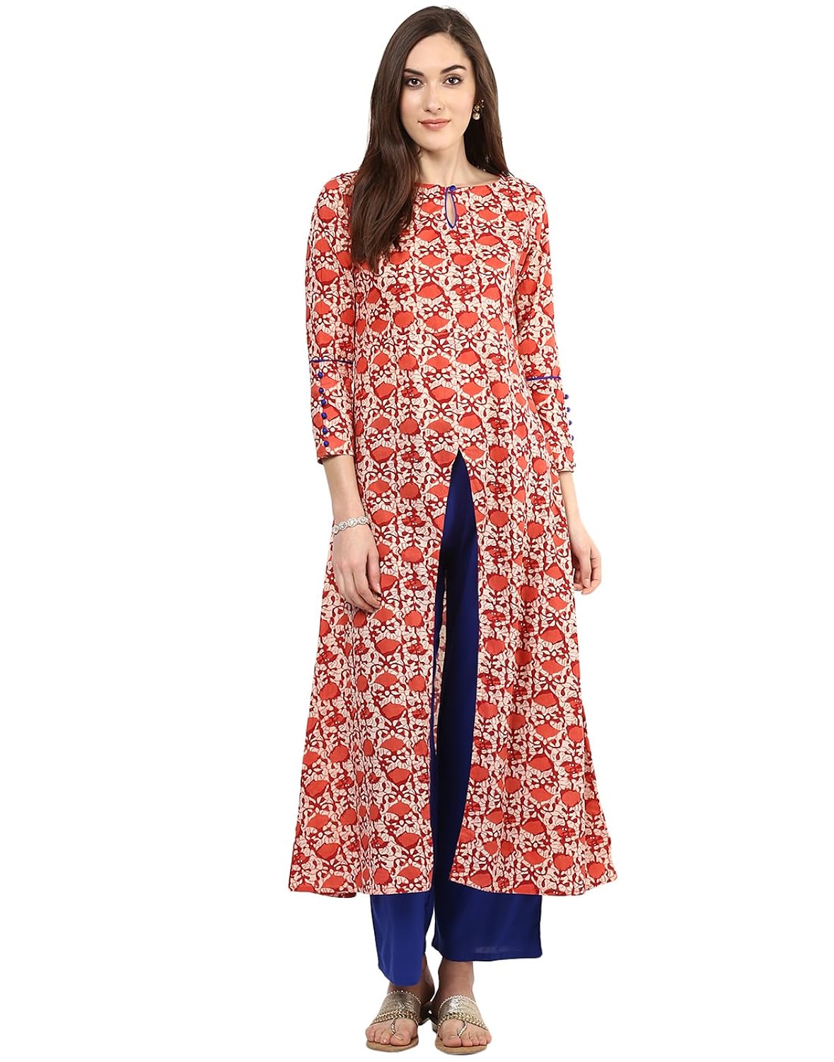 jaipur kurti coral block print kurta with blue palazzo set