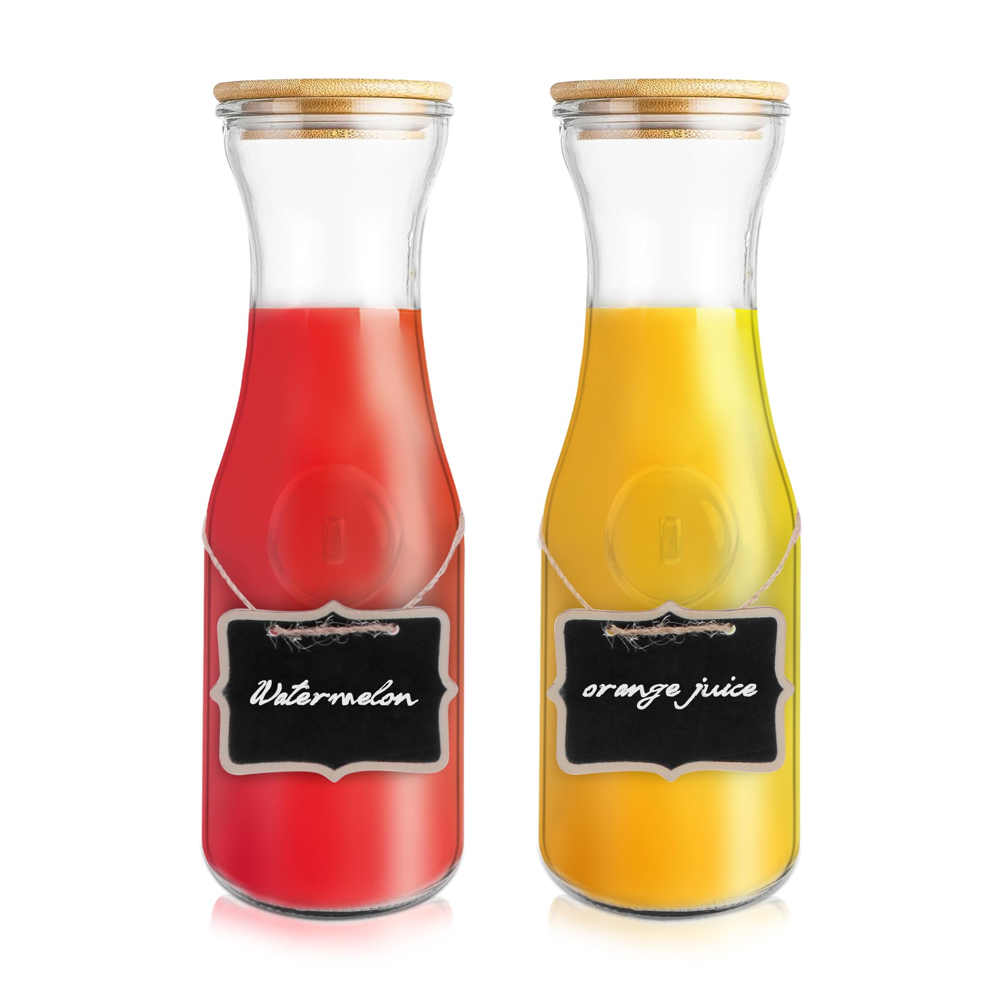 Photo 1 of Glass Carafe with Bamboo Lid,35 Oz Beverage Dispensers Carafe,Mimosa Bar Supplies,Juice Bottles, Clear Glass Pitcher with Name Labels for Iced Tea,Coffee,Juice(Pack of 2)